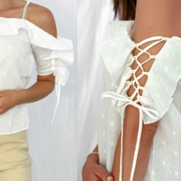 🪷🌸🌷Club Monaco White Cotton Off The Shoulder Open Sleeve Ruffled Top - Picture 6 of 6